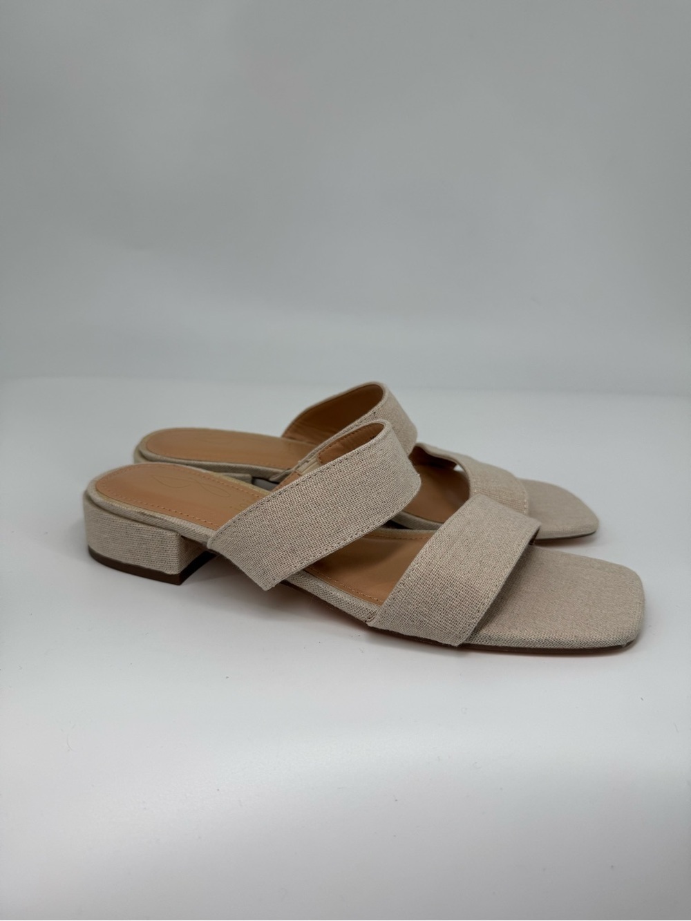Joie Neutral Linen Double Strap Low Block Heel Minimalist Coastal Minimal Size 8